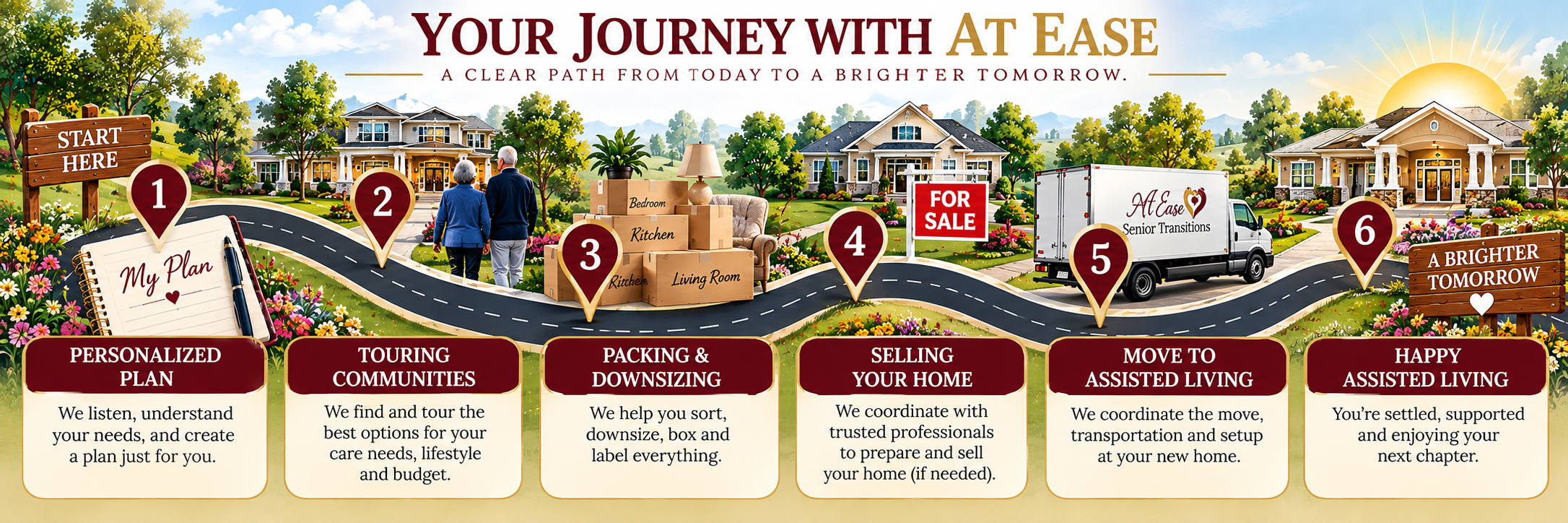 Illustration of the At Ease journey — a winding road with numbered stops through a serene landscape
