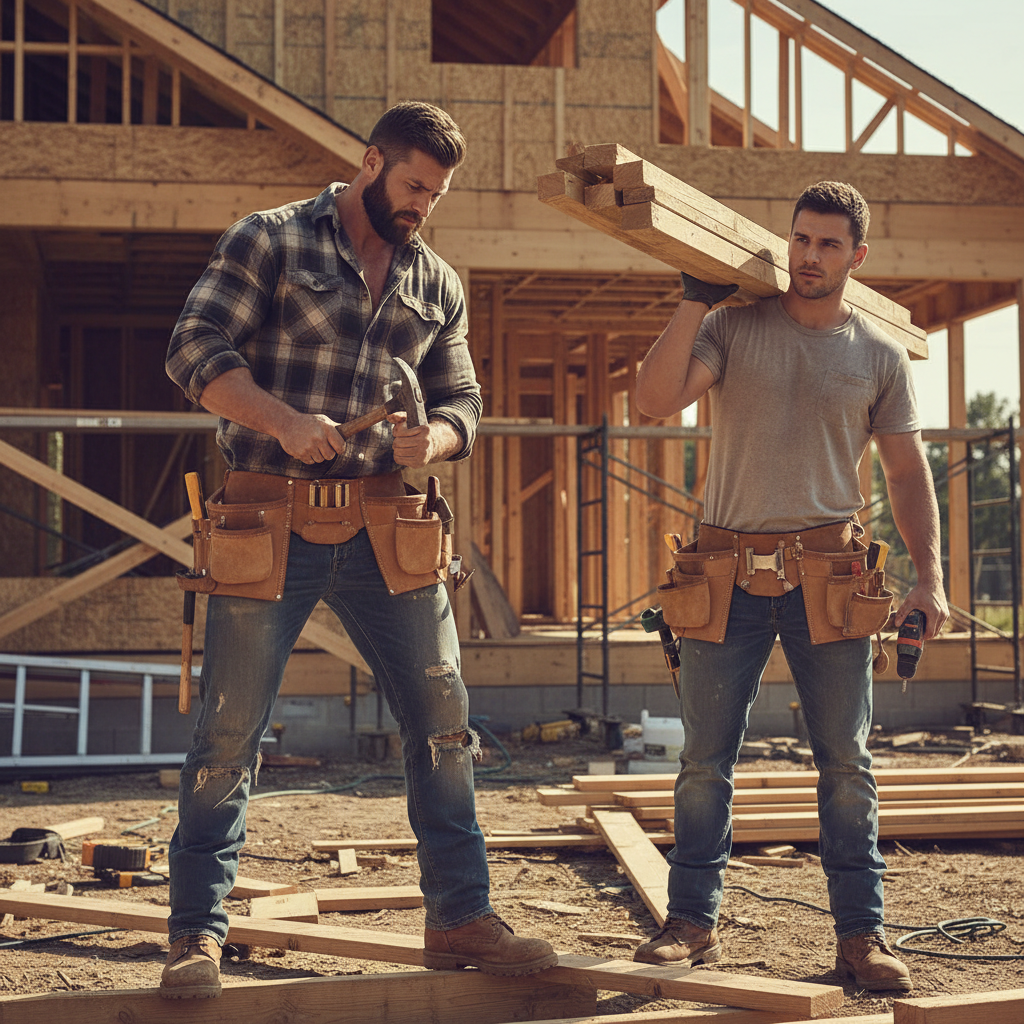 Two construction workers on a job site, tools in hand, ready to work