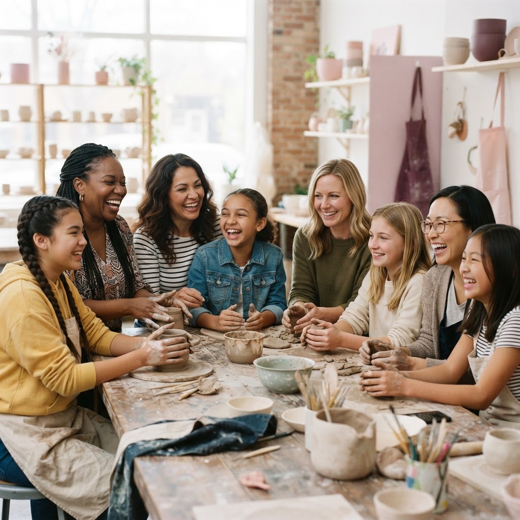 A diverse group of moms and daughters making pottery together