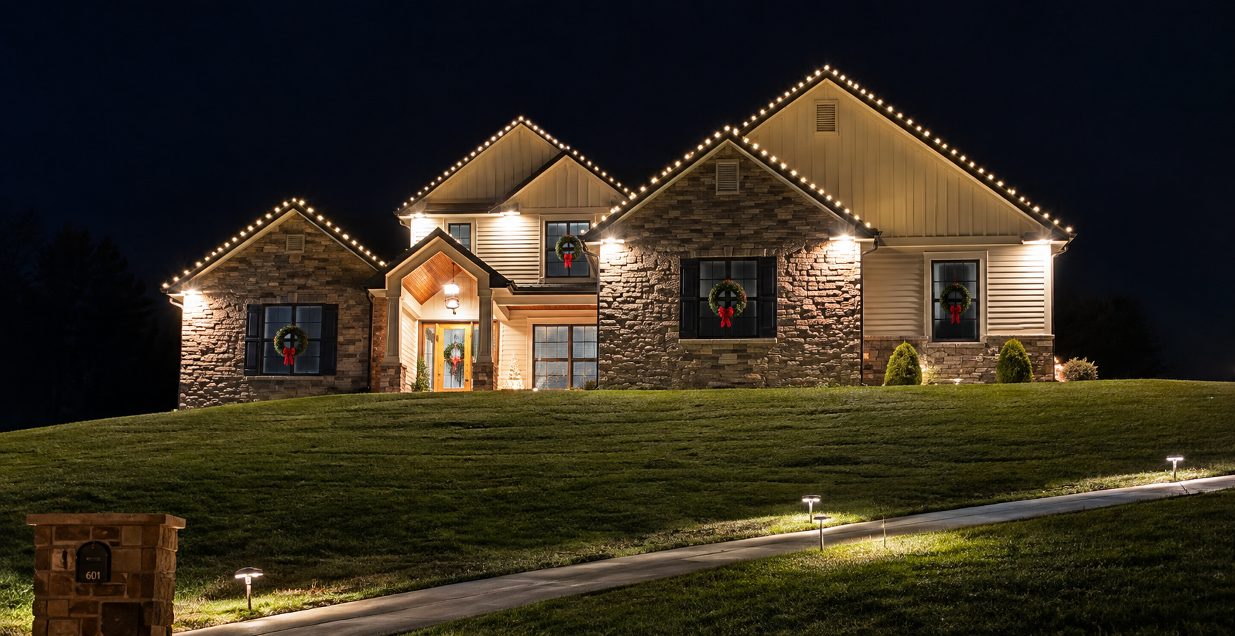 Home decorated with holiday lights