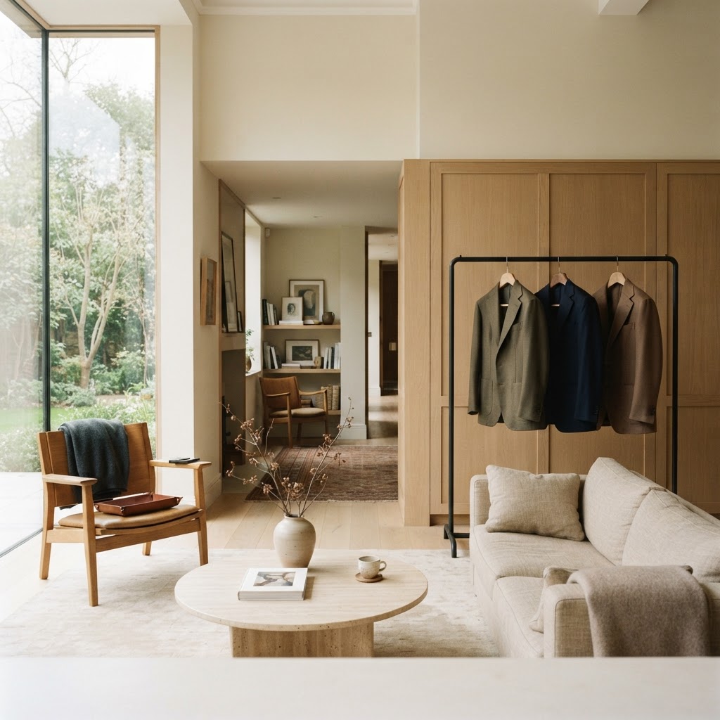 Imagined residential setting with a curated rail of jackets beside a linen sofa