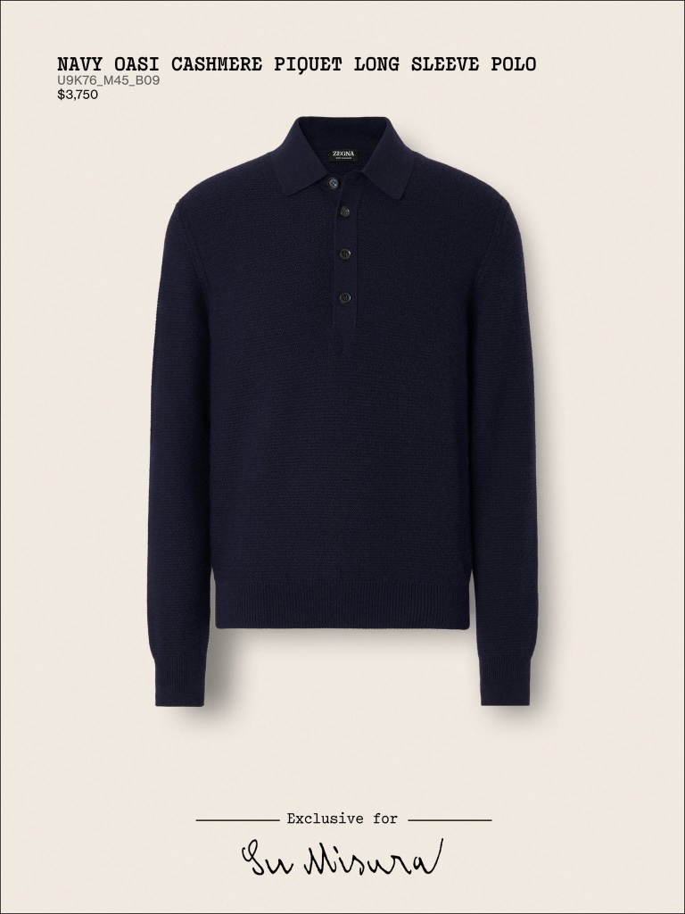 Navy Oasi Cashmere Piquet Long Sleeve Polo
