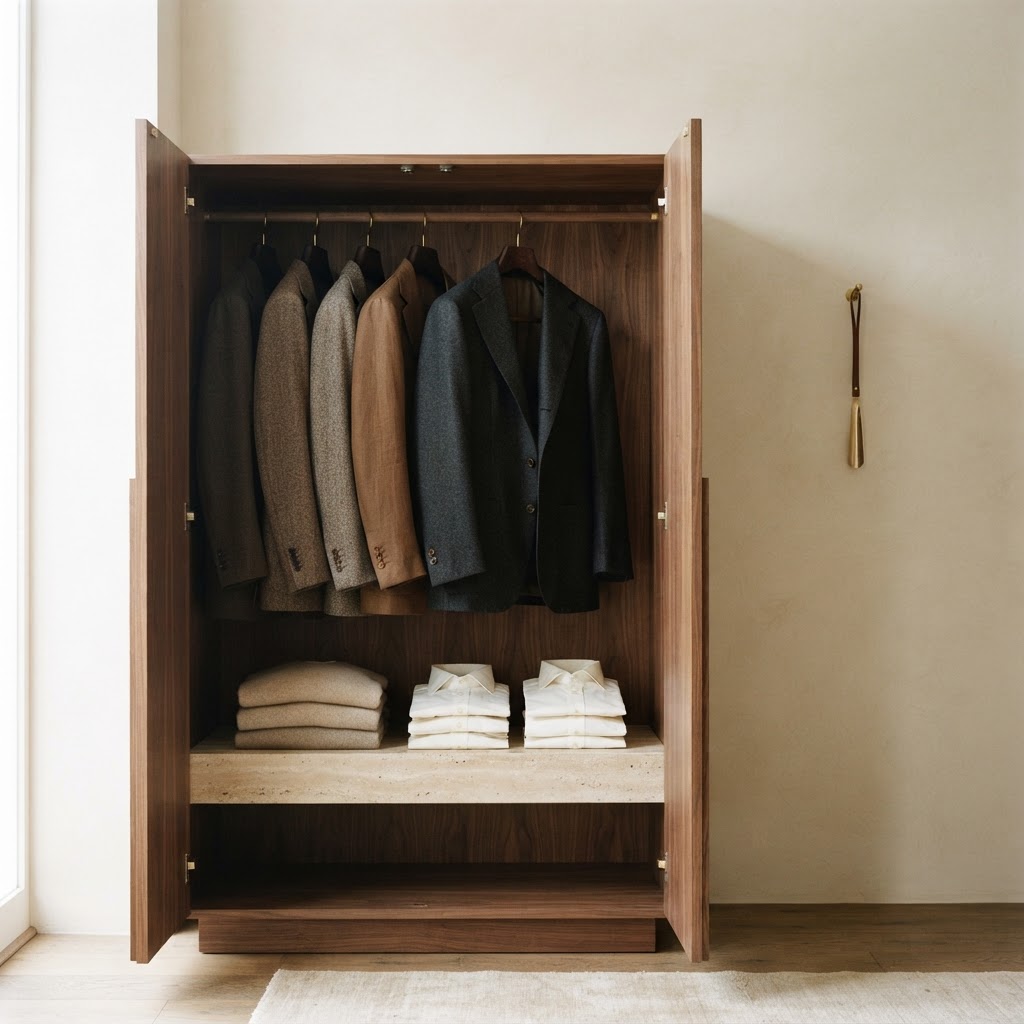 Editorial study of tailored jackets and folded knitwear in a walnut wardrobe