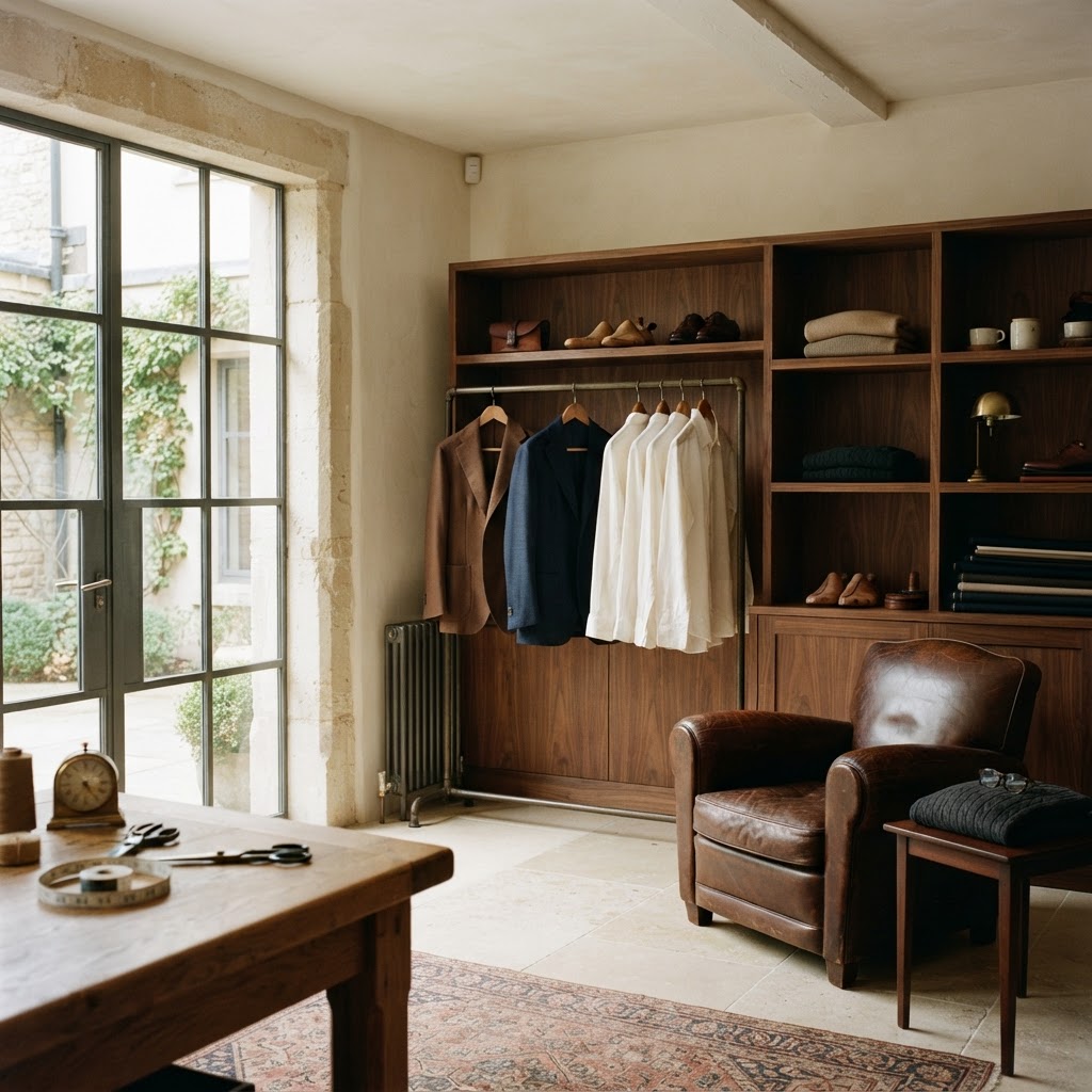 Imagined atelier interior with tailored clothing, walnut shelving and a leather chair