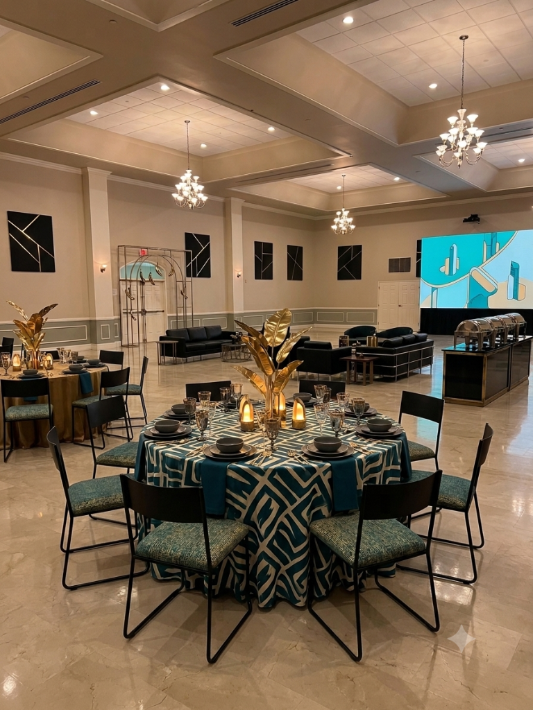 Schwenkfeld Hall banquet space set up for a dining event with elegant teal and gold table settings, lounge areas, and chandeliers