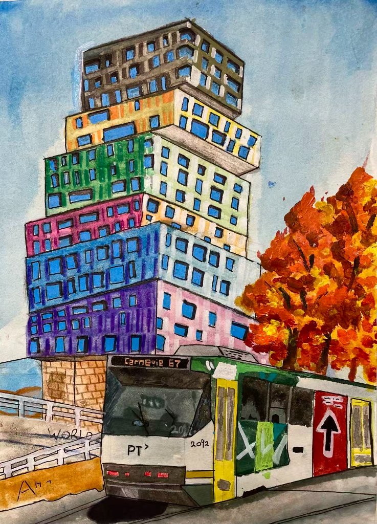 Colourful painting of a Melbourne tram and apartment building