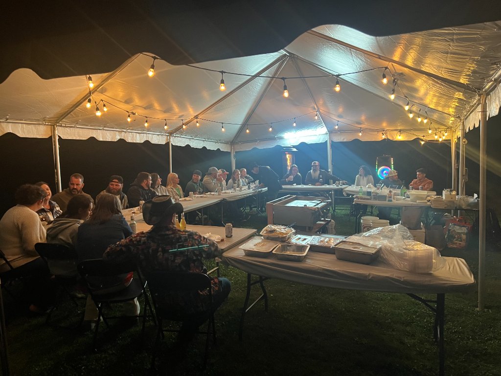 Tent setup with string lights