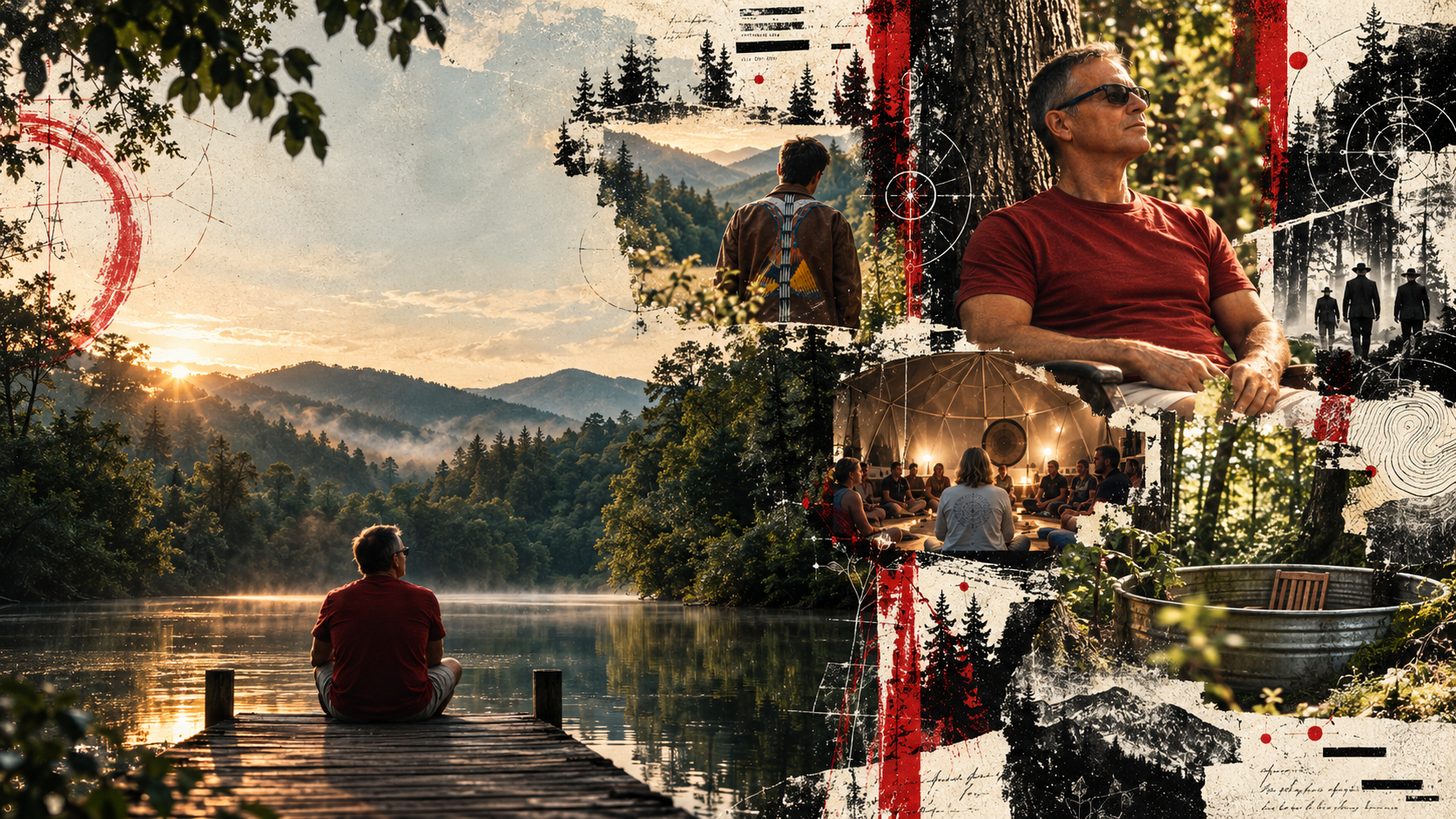 Stay Curious collage of mountain wilderness, a lakeside dock, Dale Sanders and a gathering