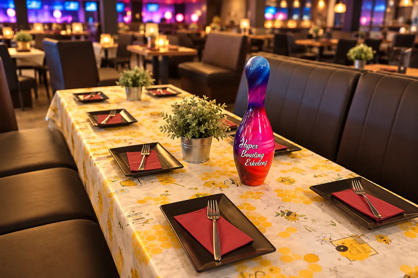 Gedeckter Geburtstagstisch mit Hyper-Bowling-Kegel im Hyper Event Center Erkelenz