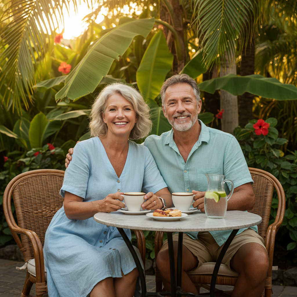 Mature retired couple sitting together at an outdoor café enjoying their retirement lifestyle in Thailand