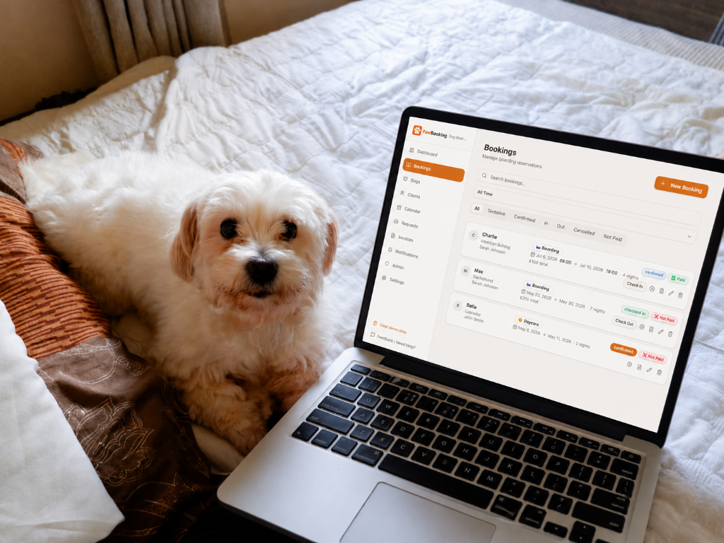 PawBooking bookings dashboard on a laptop
