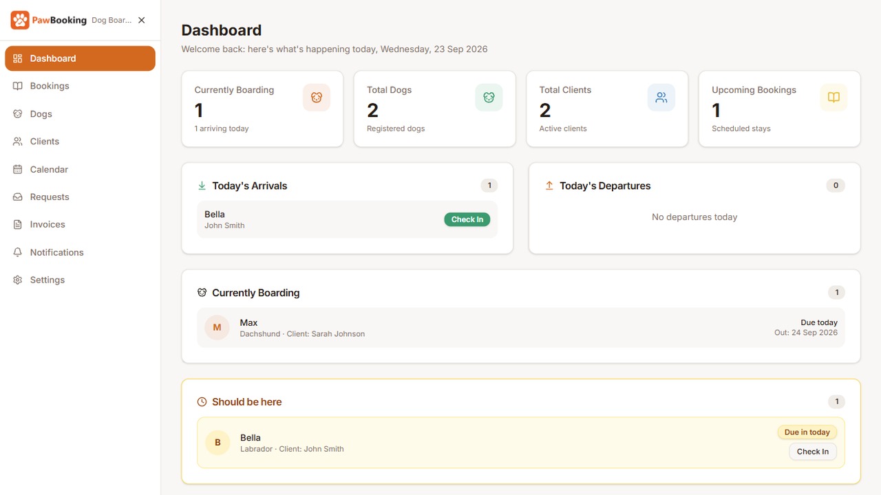 PawBooking dashboard showing today's arrivals and dogs currently boarding