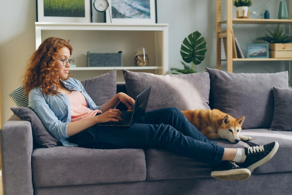 A dog boarder using PawBooking on a laptop on the sofa next to her dog