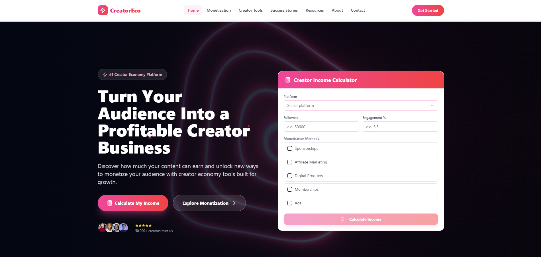 CreatorEco — Creator income platform template preview