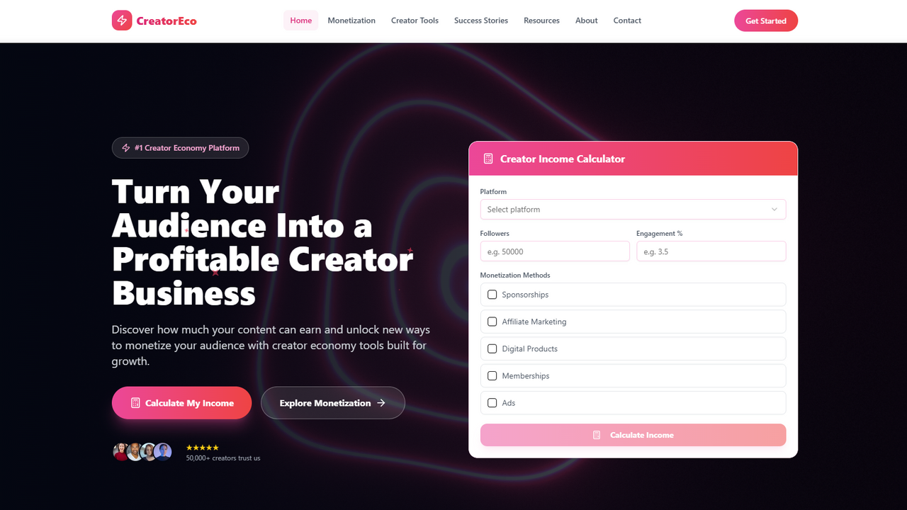 CreatorEco — Creator income platform template preview