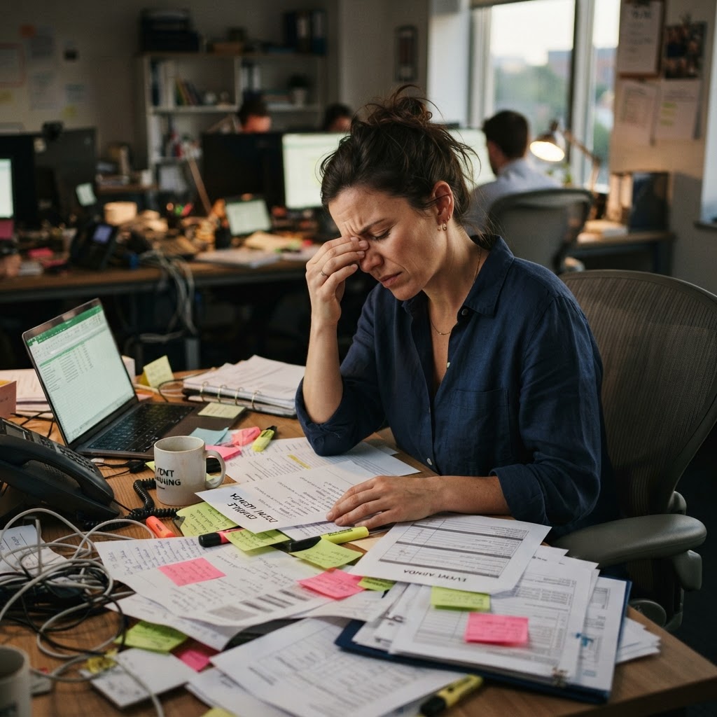 Organisatrice d'événement stressée et débordée à son bureau