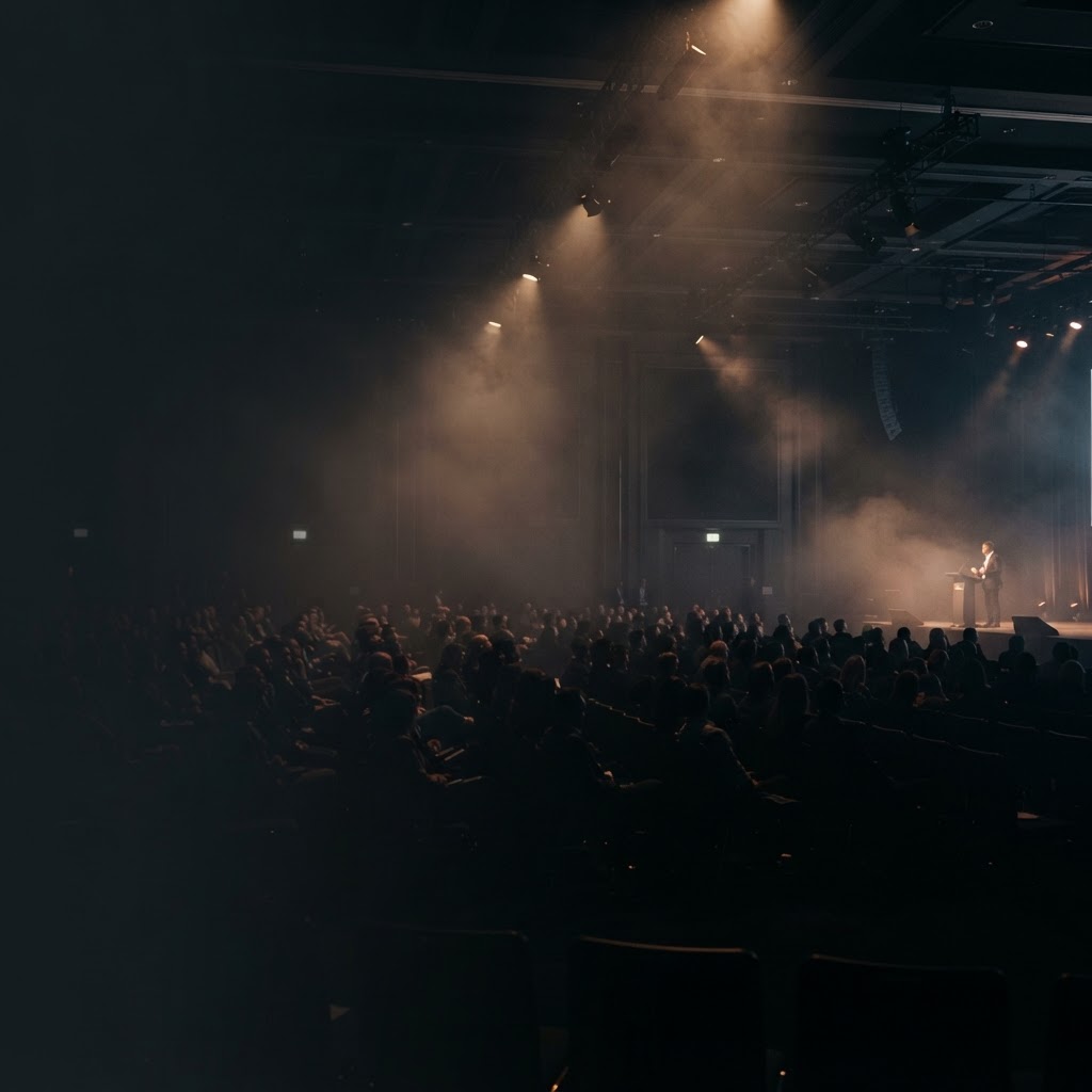 Salle d'événement professionnel baignée dans une atmosphère fumée et sombre