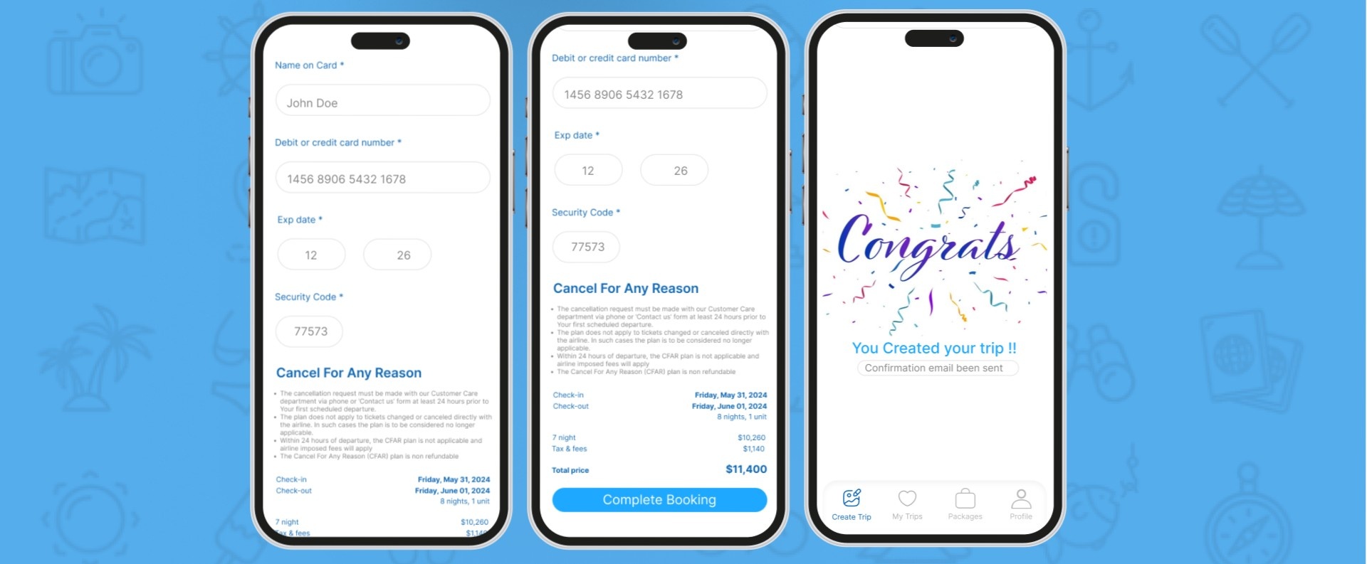 High-fidelity screens — payment entry, order summary, and booking confirmation