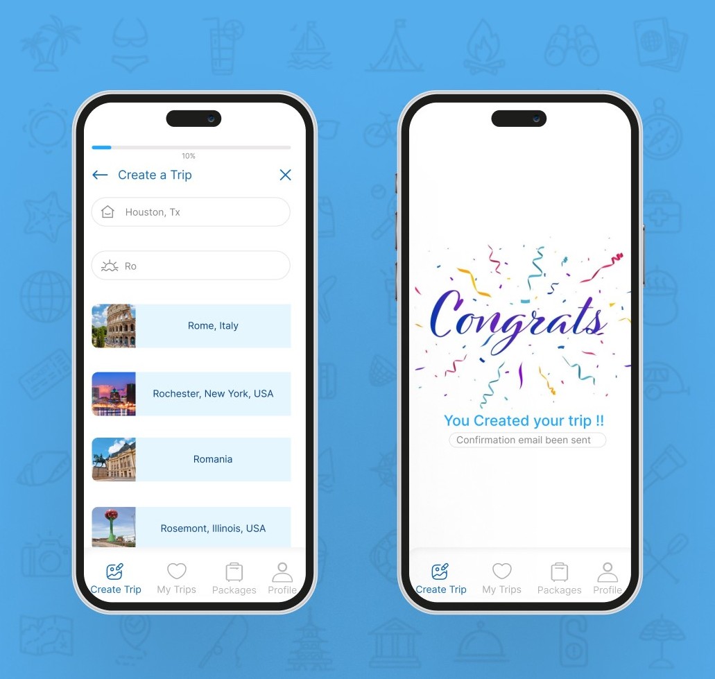 Create a Trip and Congrats screens
