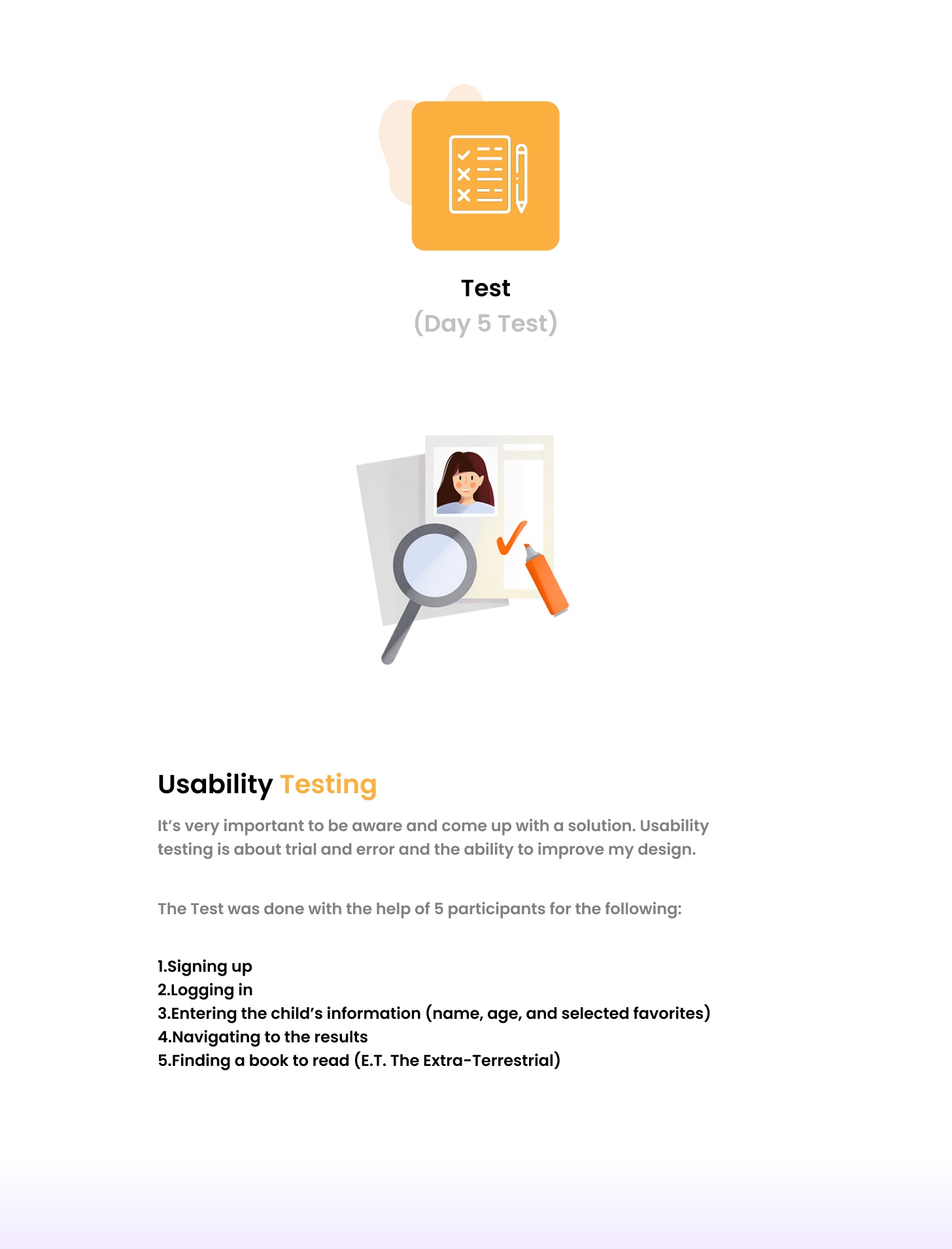 Test — Day 5 usability testing overview