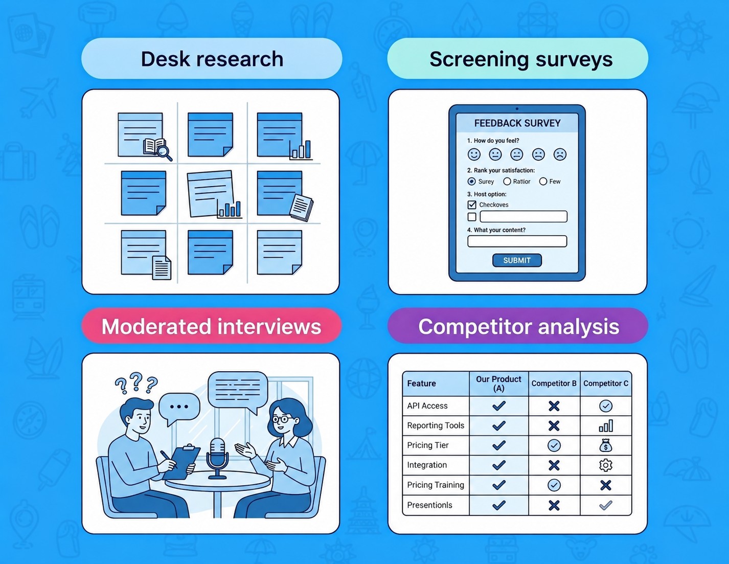 Research methods — desk research, screening surveys, moderated interviews, competitor analysis