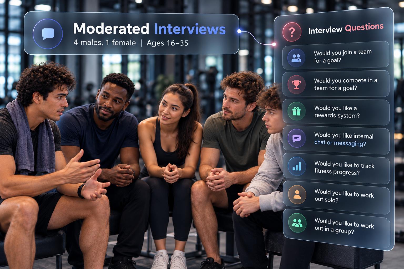 Moderated interviews — 4 males, 1 female, ages 16–35