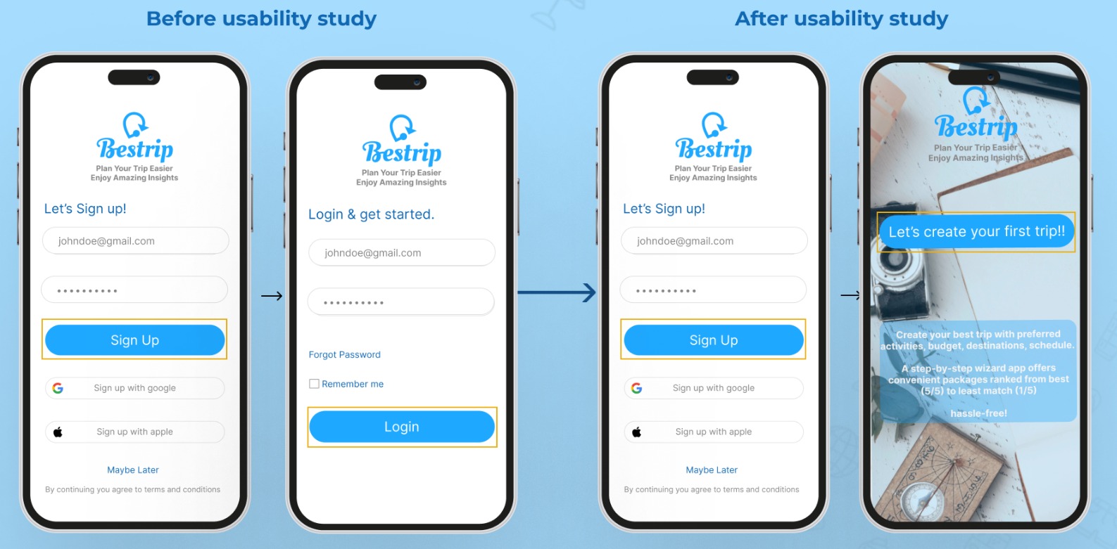 First round — Sign up now leads to the Let's create your first trip boarding screen