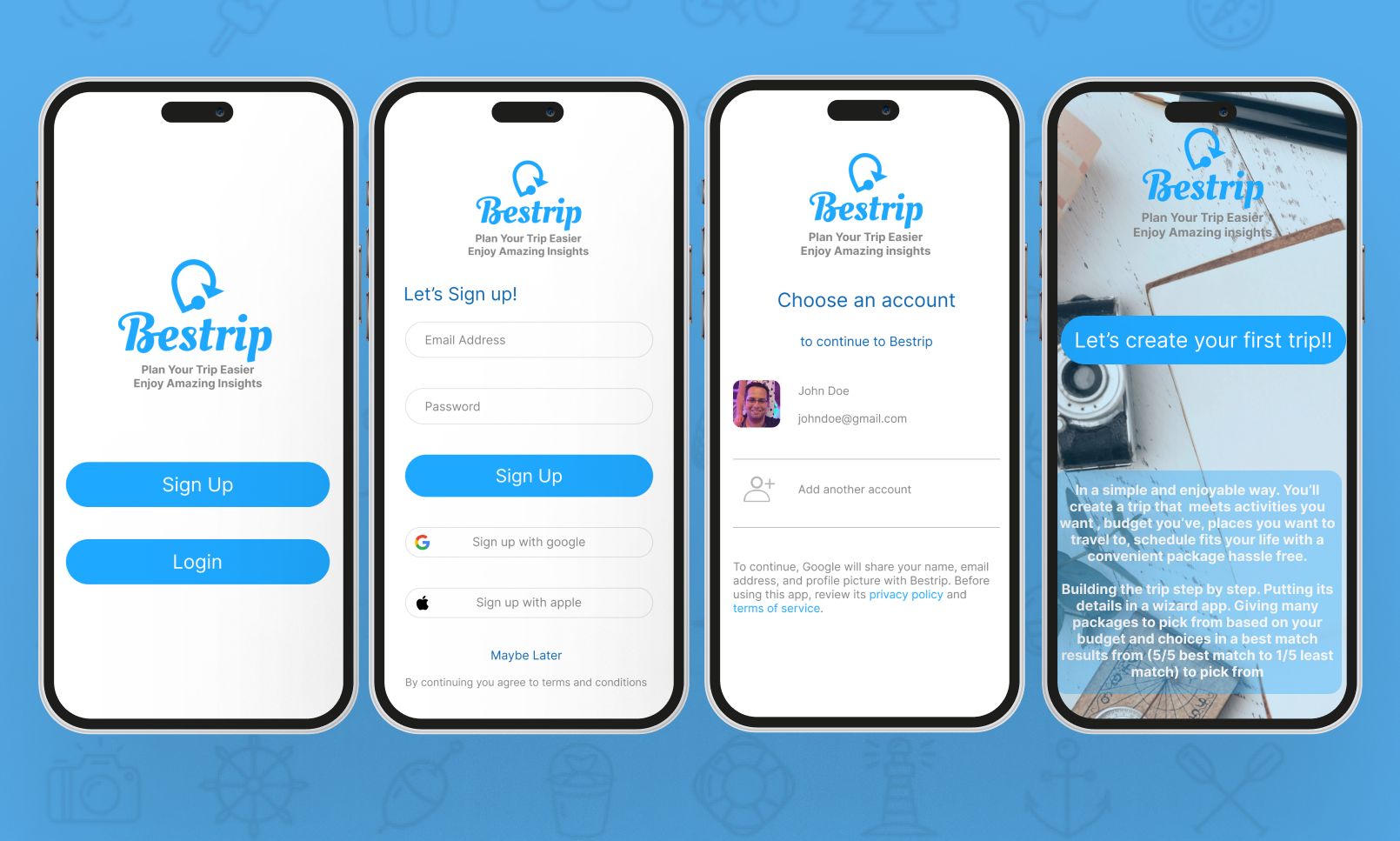 Onboarding screens — welcome, sign up, account selection, and first trip intro