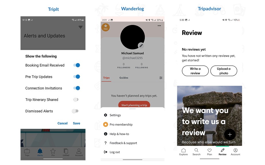 Competitor screens — TripIt, Wanderlog, Tripadvisor