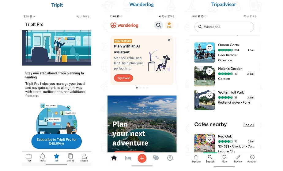 Competitor screens — TripIt, Wanderlog, Tripadvisor