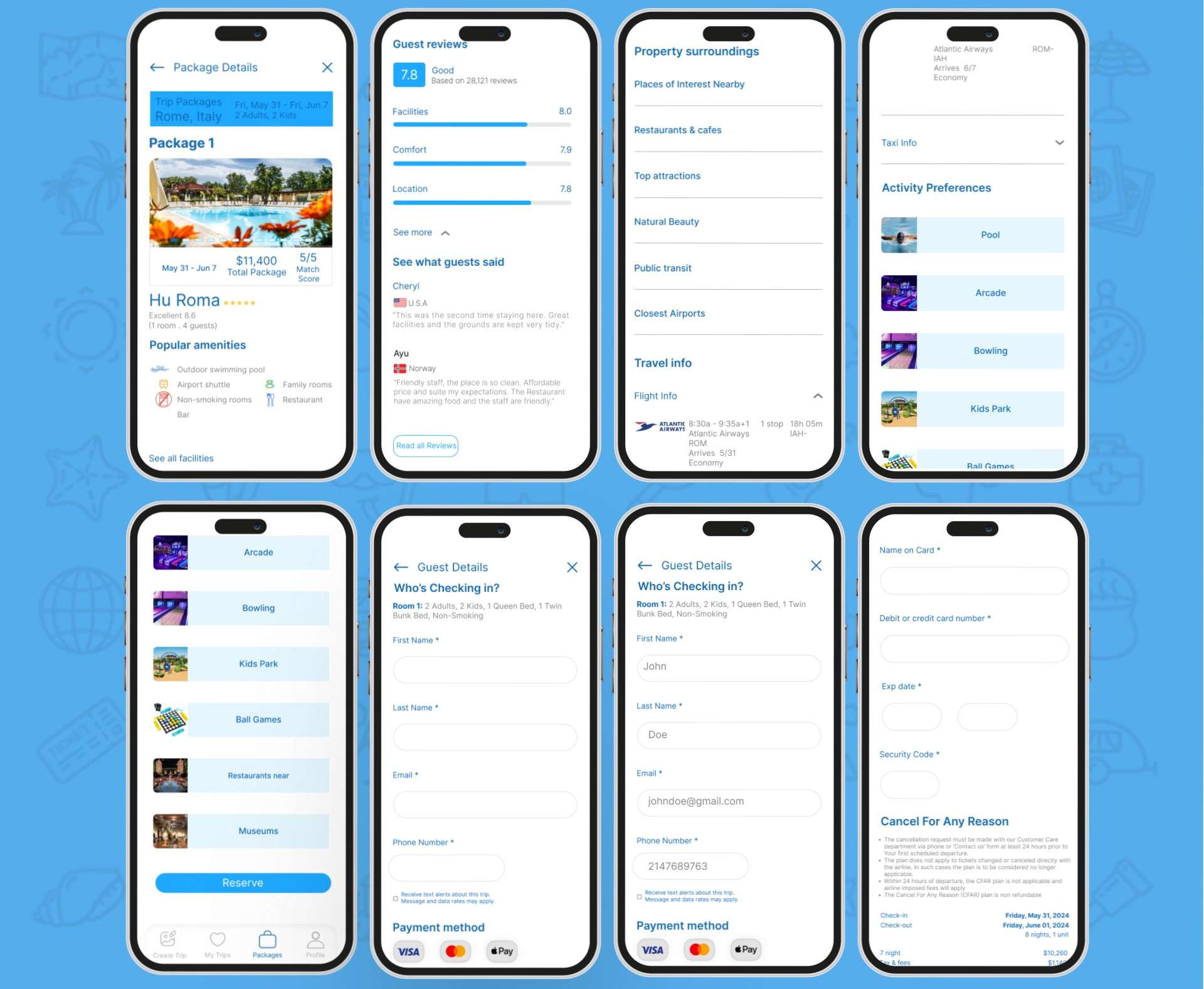 High-fidelity screens — package details, guest reviews, guest details, and payment
