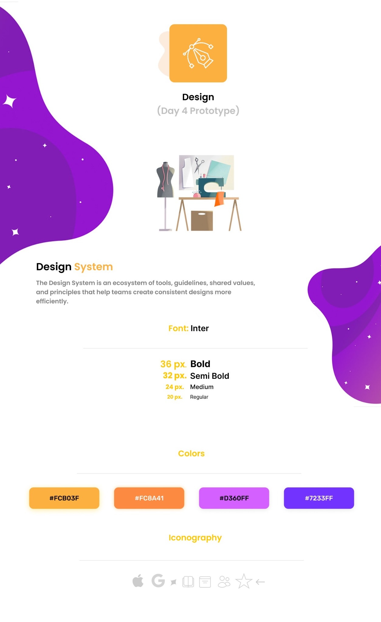Design — Day 4 design system with fonts, colors, and iconography