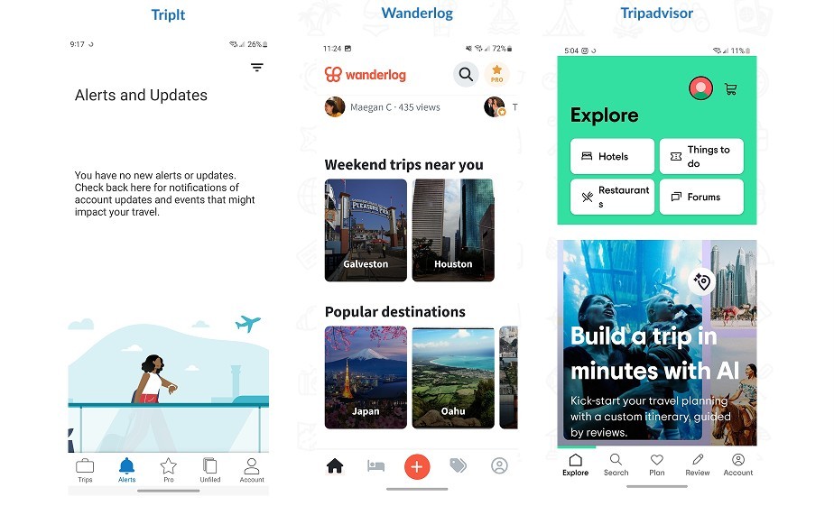 Competitor screens — TripIt, Wanderlog, Tripadvisor
