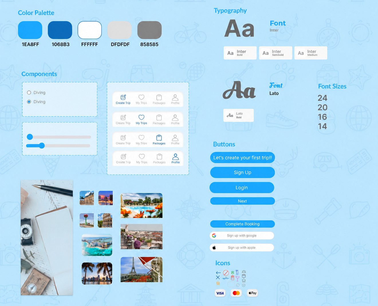 Design system — color palette, typography, components, buttons, and imagery