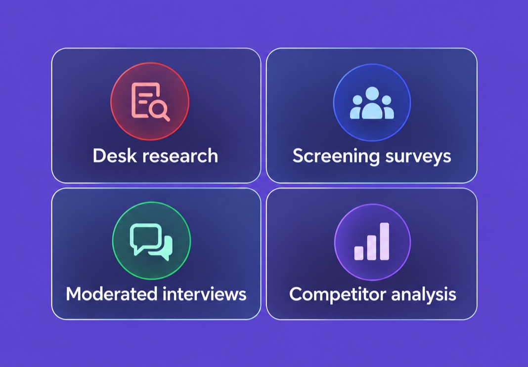 Research methods — desk research, screening surveys, moderated interviews, competitor analysis
