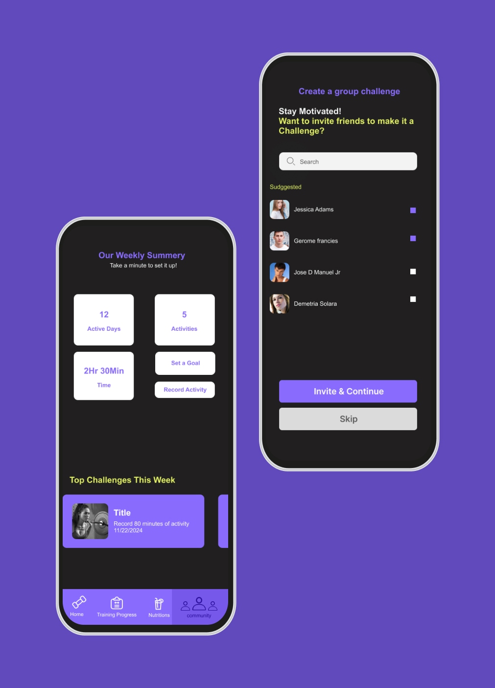 FitsU screens — weekly summary and group challenge creation