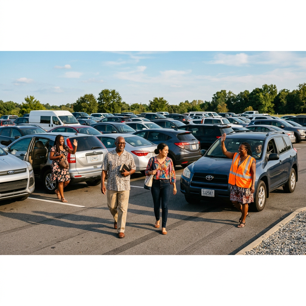 Church parking lot volunteers welcoming visitors