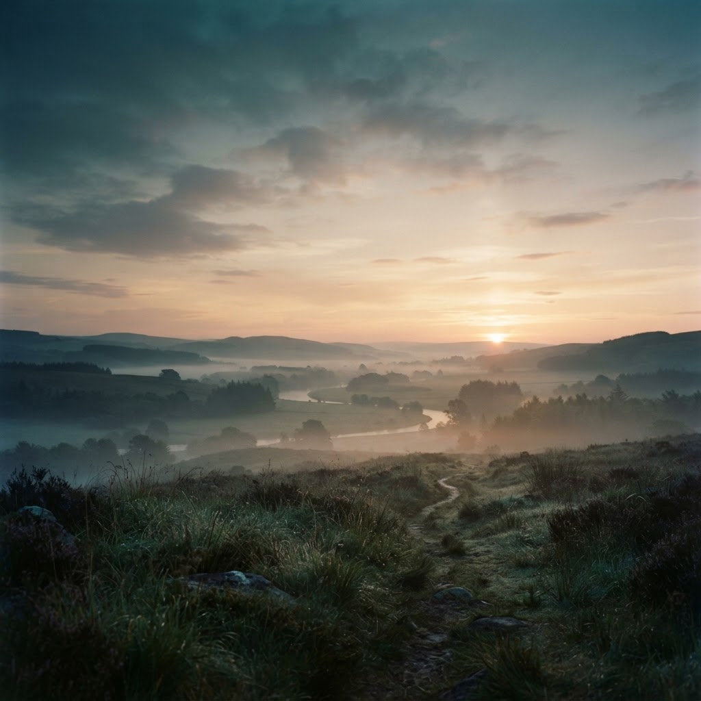 Soft dawn with warm light emerging over a quiet misty landscape, representing healing and a new beginning after trauma