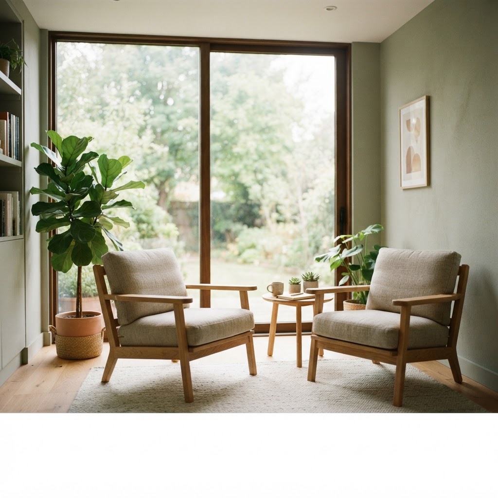 Two chairs by a bright window with a calm plant nearby, representing the choice between therapy and medication in mental health care