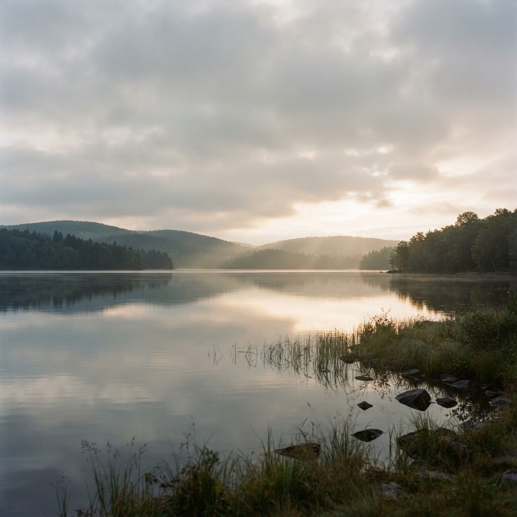 Soft morning light breaking through grey clouds over a calm lake, representing recovery and evidence-based depression treatment