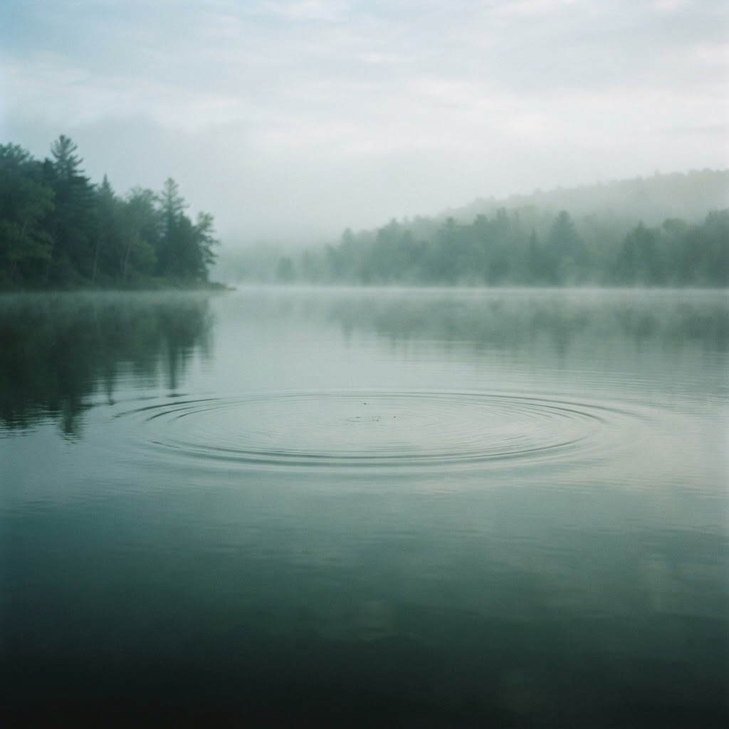 Calm still water with gentle ripples and mist, representing grounding and relief from panic