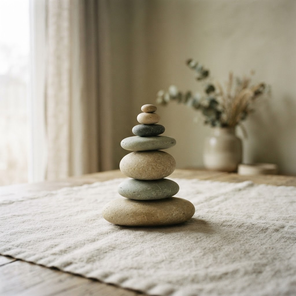 Smooth balanced stacking stones on a soft neutral surface in gentle light, representing order and calm in OCD care