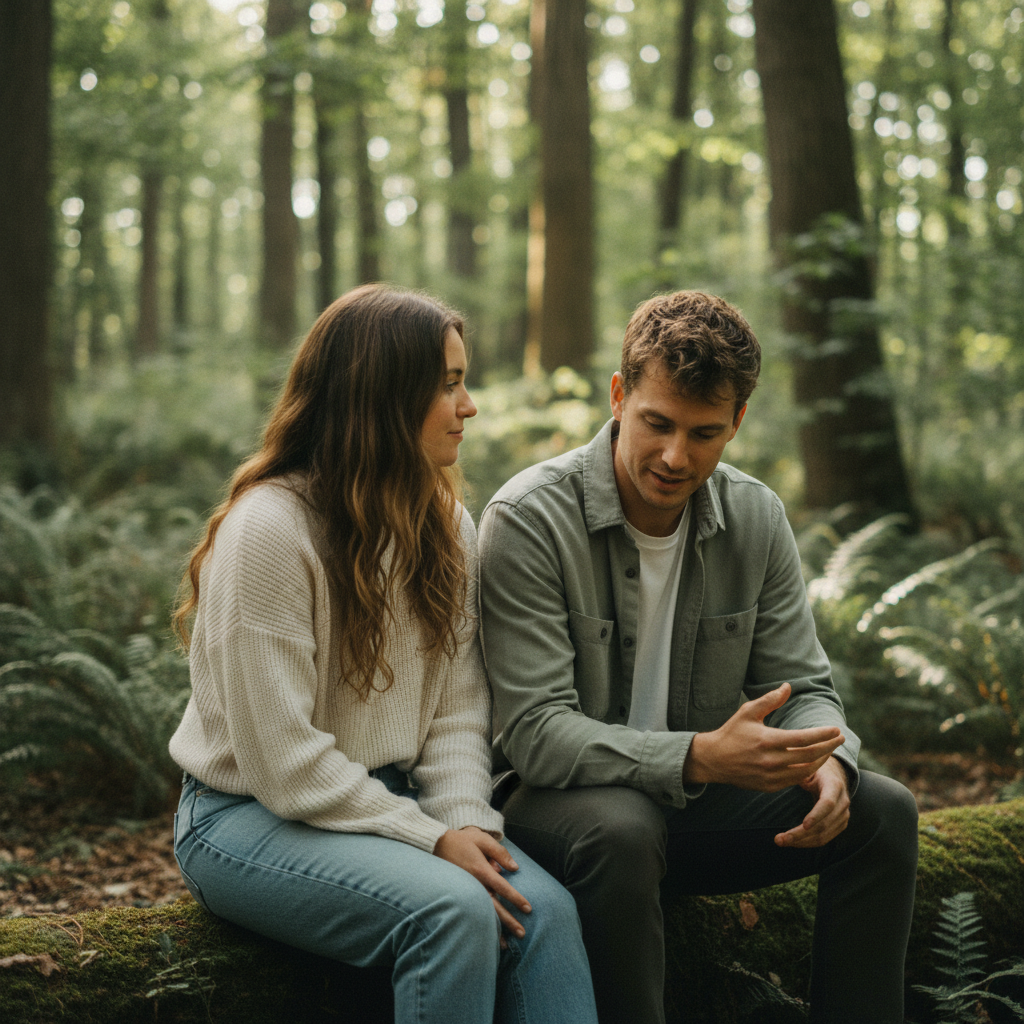 Two people having a calm conversation in nature