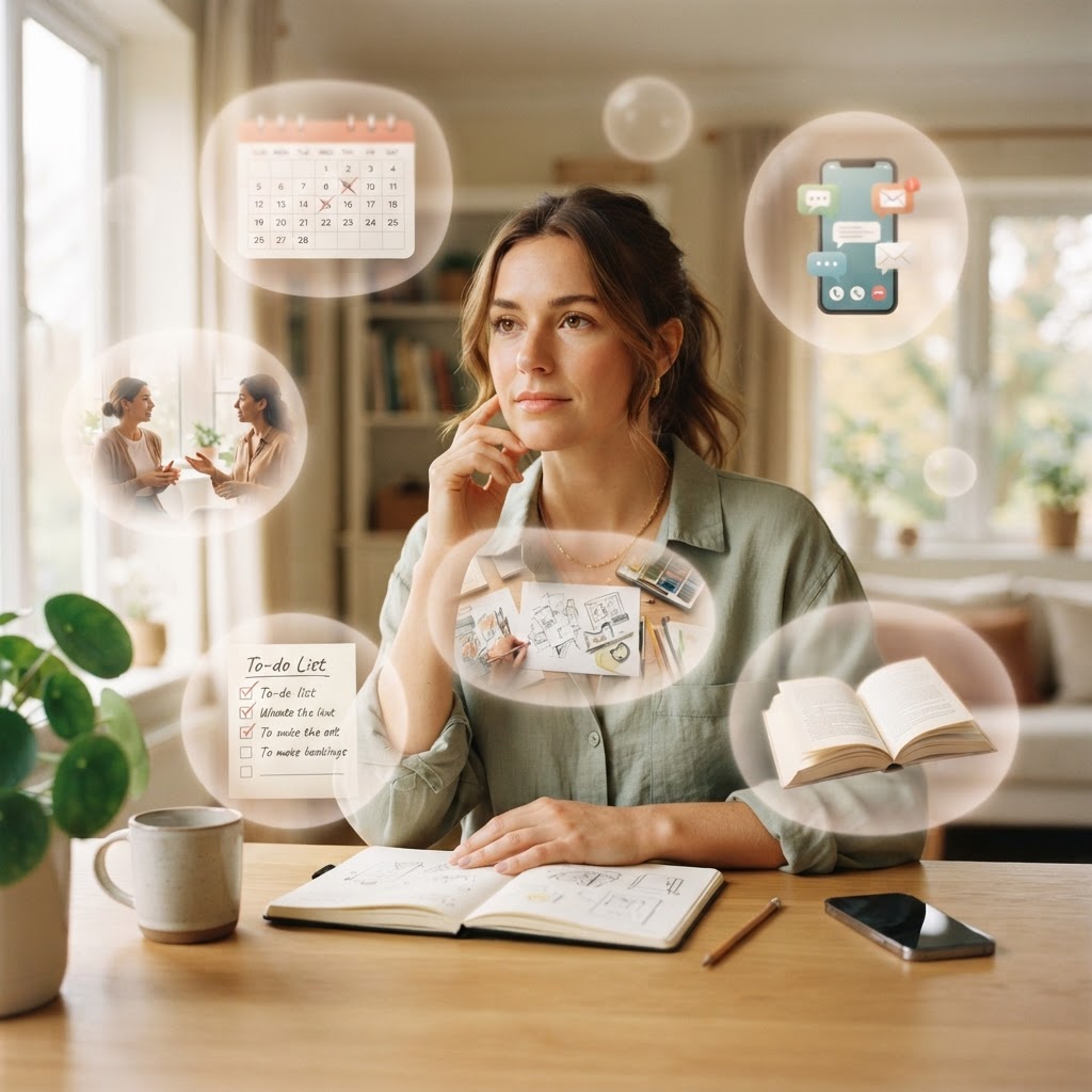 A person at a desk surrounded by multiple overlapping focus areas — calendars, notifications, projects, and conversations — representing the scattered attention experience of ADHD