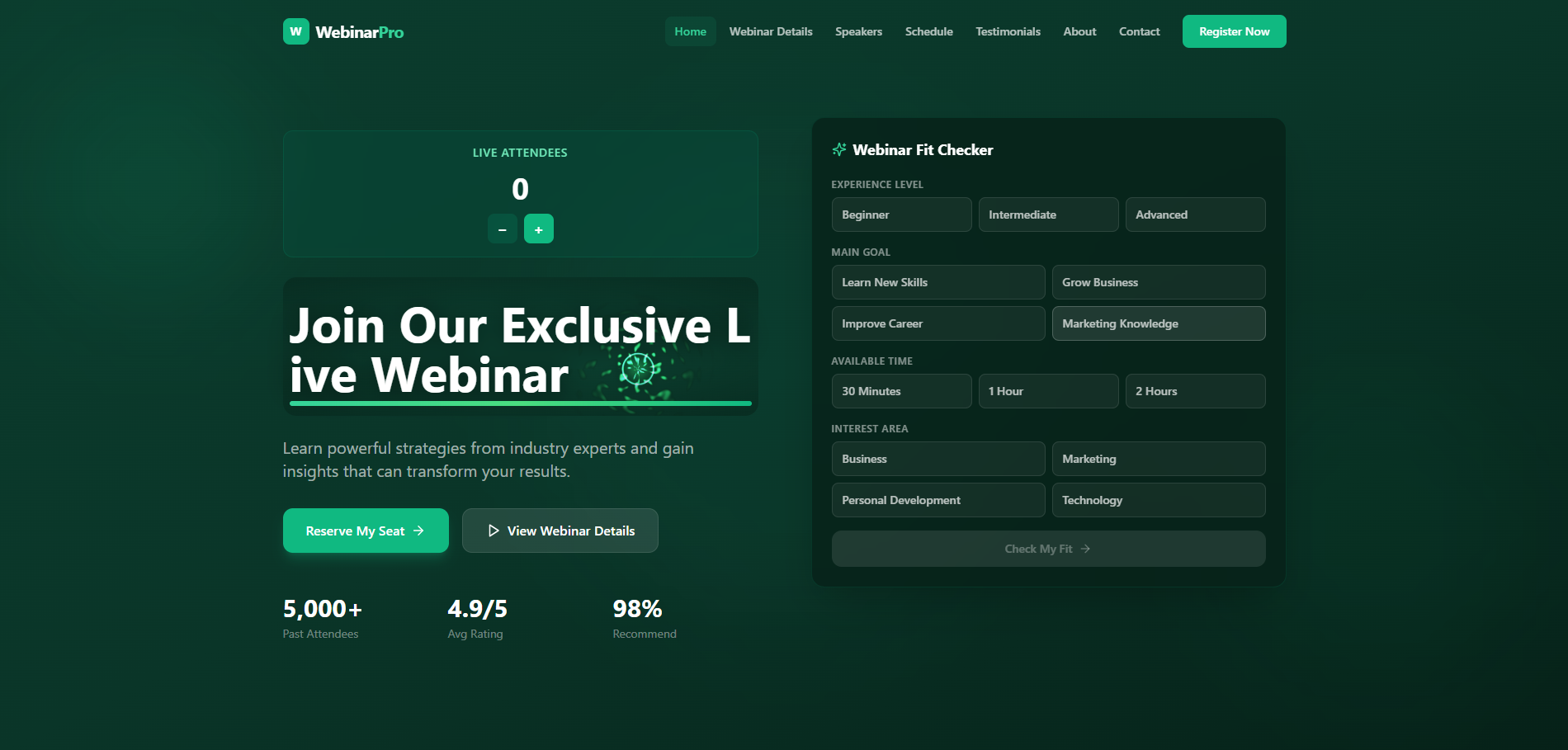 Webinaro — Webinar registration platform template preview