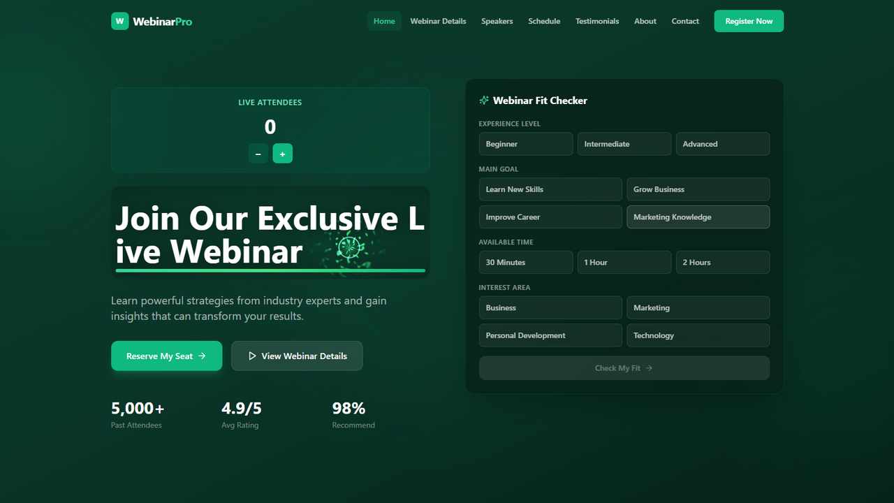 Webinaro — Webinar registration platform template preview
