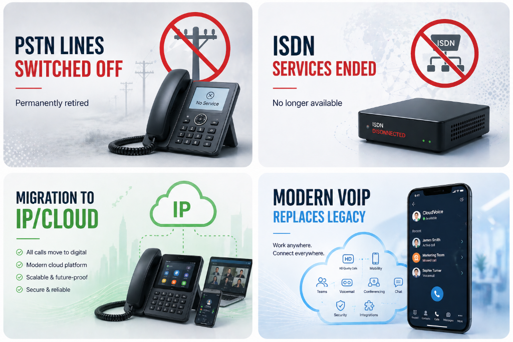 PSTN switch-off, ISDN services, IP/Cloud migration, and modern VoIP