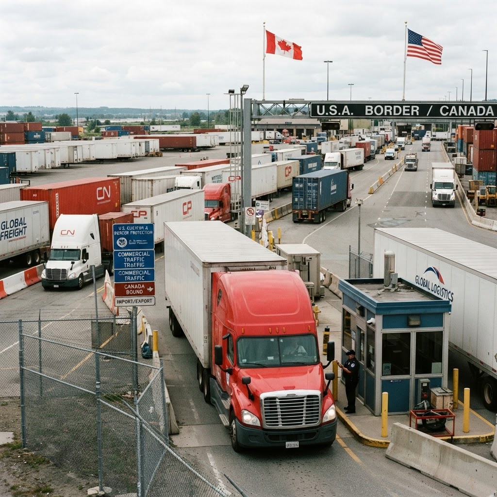 Freight trucks, cargo containers, and customs inspection lanes in a U.S.-Canada trade corridor