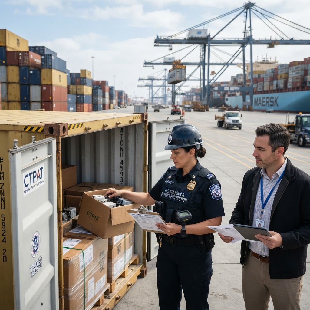 Shipping containers, customs inspection, and trade compliance documents at a modern port