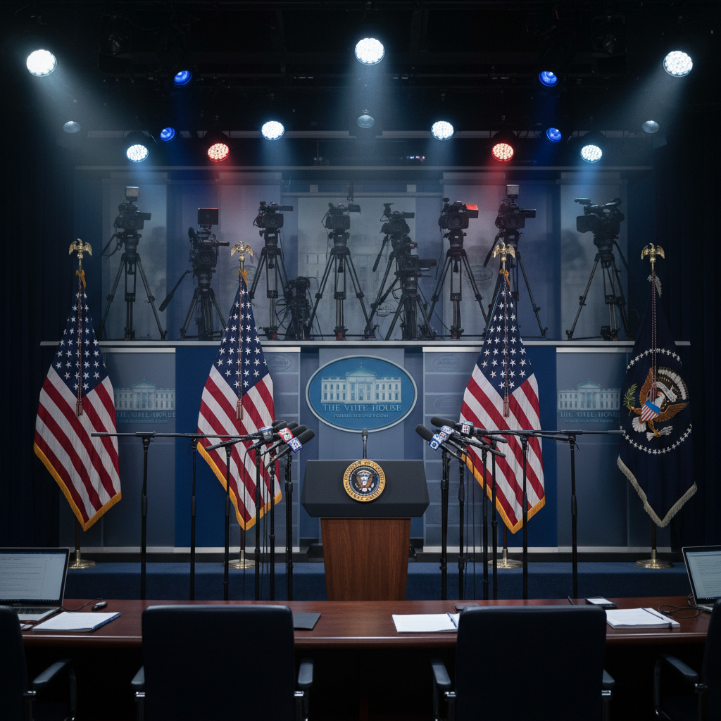 Press conference podium with American flags and cameras